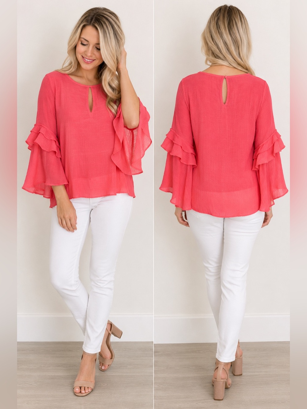 Favlux Coral Pink Ruffle Bell Sleeve Blouse Boho Flowy Keyhole Top M
